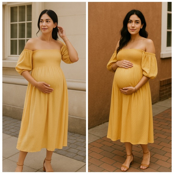 Hatch Dresses & Skirts - Hatch Elia Yellow Puff Sleeve Smocked Maternity Midi Dress Size L NWT